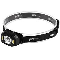 Фонарь аккумуляторный налобный AccuH3-L5W-bk LED 5Вт + 2хRED SMD IP54 5 режимов: 100проц. 180лм 3.5ч/50проц. 110лм 5.5ч/30проц. 65лм 15ч/красн. 28ч/мигающ. красн. 12ч аккум. управл. жестами черн. JazzWay 5036703